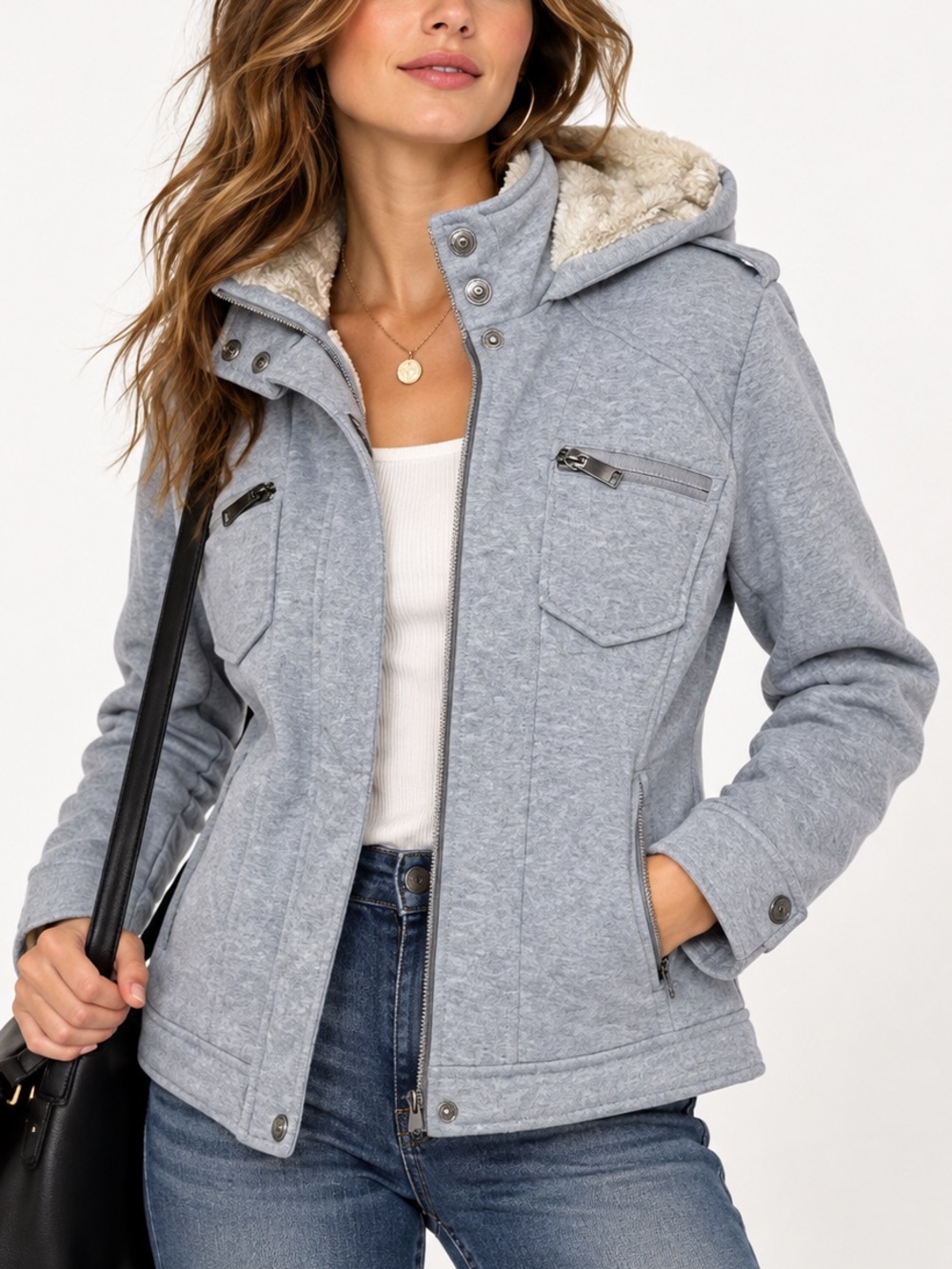 Urban Republic Gray Coat Faux Fur Lined Hood Moto Utility Jacket Large